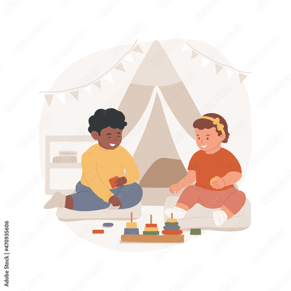Interacting with children isolated cartoon vector illustration. Baby plays with other children, social interaction, emotional development, daycare center, early education cartoon vector.