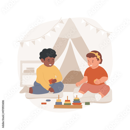 Interacting with children isolated cartoon vector illustration. Baby plays with other children, social interaction, emotional development, daycare center, early education cartoon vector.