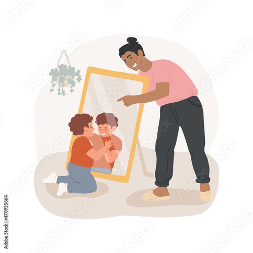 Recognizing self in a mirror isolated cartoon vector illustration. Baby looks in a mirror, infant recognizes himself, self-awareness, development milestone, child care center cartoon vector.