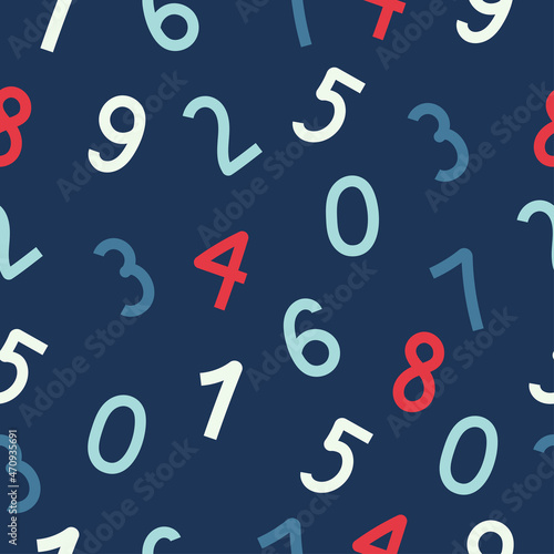 Blue and red number seamless pattern, mathematics background for school, vector illustration