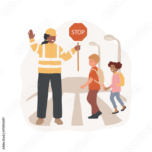 Traffic guard isolated cartoon vector illustration. Students road safety, guard walking with stop sign, traffic rules, wearing safety west, school children crossing the street cartoon vector. photo