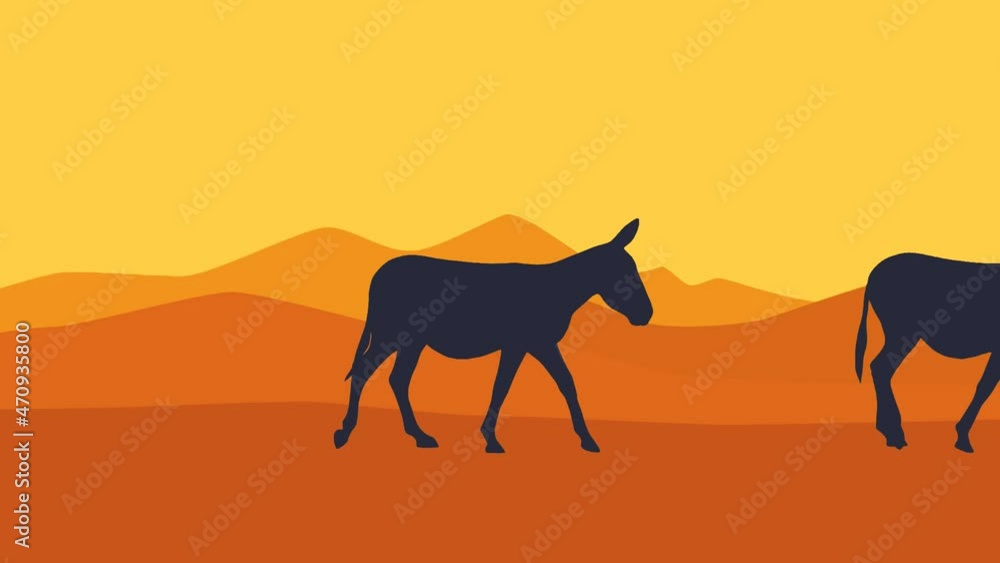 Desert landscape with mountains and walking donkeys (animation, seamless loop) Desert landscape with mountains and walking donkeys (animation, seamless loop)
