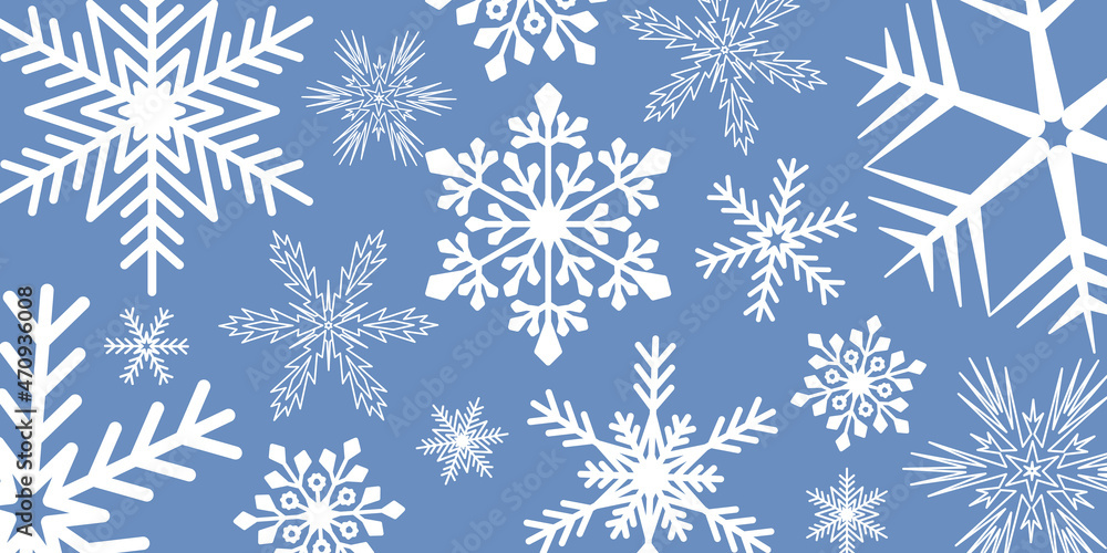 Blue leaflet header Christmas decoration background. Big white snowflake ice