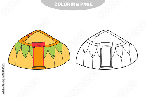 Simple coloring page. Yurt of nomads. Coloring book page for children. Black outline isolated on white. Color and black and white version