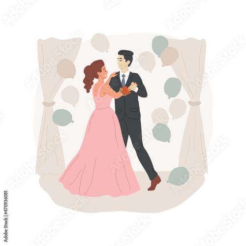 Graduation ball isolated cartoon vector illustration. High school tradition, celebration, ball, prom party, graduation couple dancing in a hall, girl wearing flower bracelet cartoon vector.