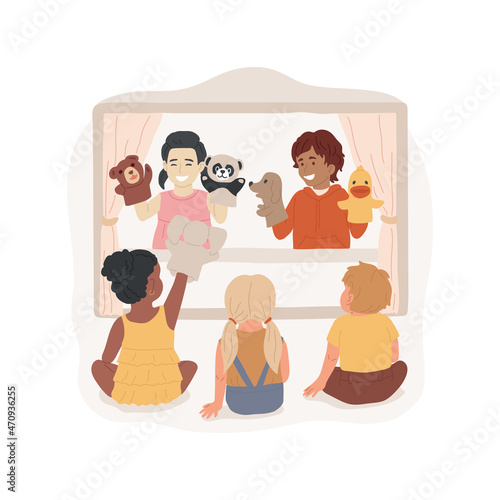 Puppet theater isolated cartoon vector illustration. Play hand puppet, marionette theatre, imagination and creativity development activities in kindergarten, early education cartoon vector.