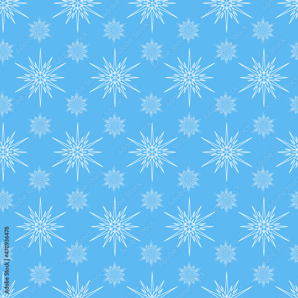 Unusual snowy Christmas seamless pattern, bright snowflake for design on blue Unusual snowy Christmas seamless pattern, bright snowflake for design on blue
