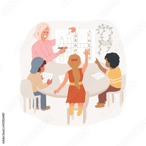 Solve crossword puzzle isolated cartoon vector illustration. Create simple crossword, solve puzzle, guess a word, language game, kindergarten curriculum, preschool education cartoon vector.