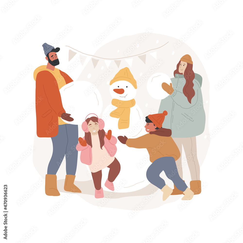 Make a snowman isolated cartoon vector illustration. Winter holiday activity, family making a snow figure, children decorate a snowman, leisure time outdoors, roll a snowball cartoon vector. Make a snowman isolated cartoon vector illustration. Winter holiday activity, family making a snow figure, children decorate a snowman, leisure time outdoors, roll a snowball cartoon vector.