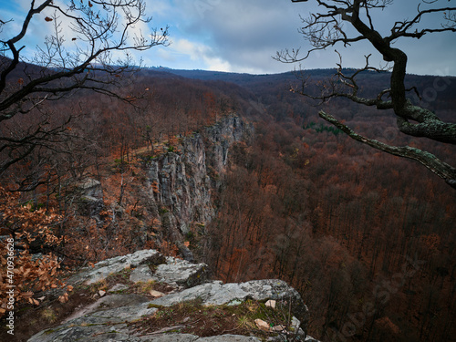 Top view of climbing rock and forest in autumn, Hradok pod Vtacnikom, Slovakia photo