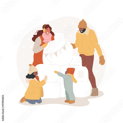 Snow sculpture isolated cartoon vector illustration. Family leisure time outdoor, making an ice igloo, kids and parents create a snow sculpture together, winter activity cartoon vector.