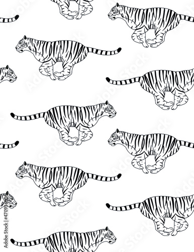 Vector seamless pattern of flat hand drawn outline tiger isolated on white background