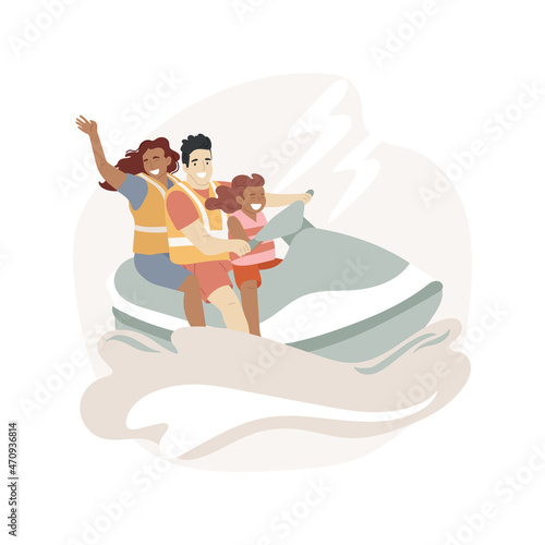 Jet ski isolated cartoon vector illustration. Family riding a jet ski, sitting together, wearing life jacket, lake tour, having fun, outdoor summer activity, leisure time cartoon vector.