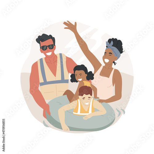 Tubing isolated cartoon vector illustration. Summer fun activity, water tubing, family sitting on inflated tube, leisure time, river vacation, wearing life jacket and helmet cartoon vector.
