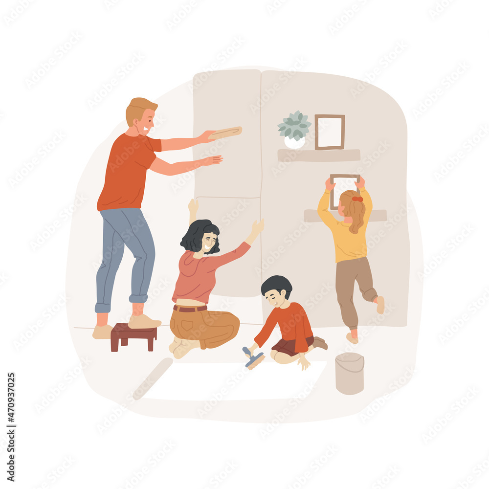 Put wallpapers isolated cartoon vector illustration. Happy family doing renovation, kids helping parents to put wallpaper, applying glue, decorating walls, improving home design cartoon vector.