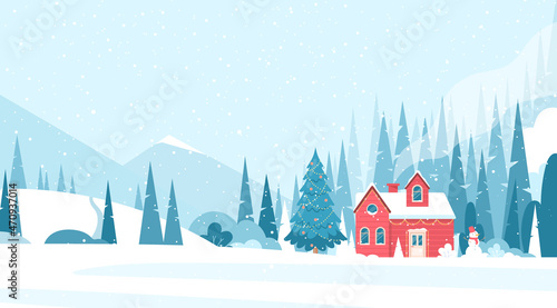 Winter landscape. Vector illustration of forest landscape with winter house, snowman, pines, snowy mountains, Christmas trees. Small village in Xmas day. Happy Holidays greeting card, postcard
