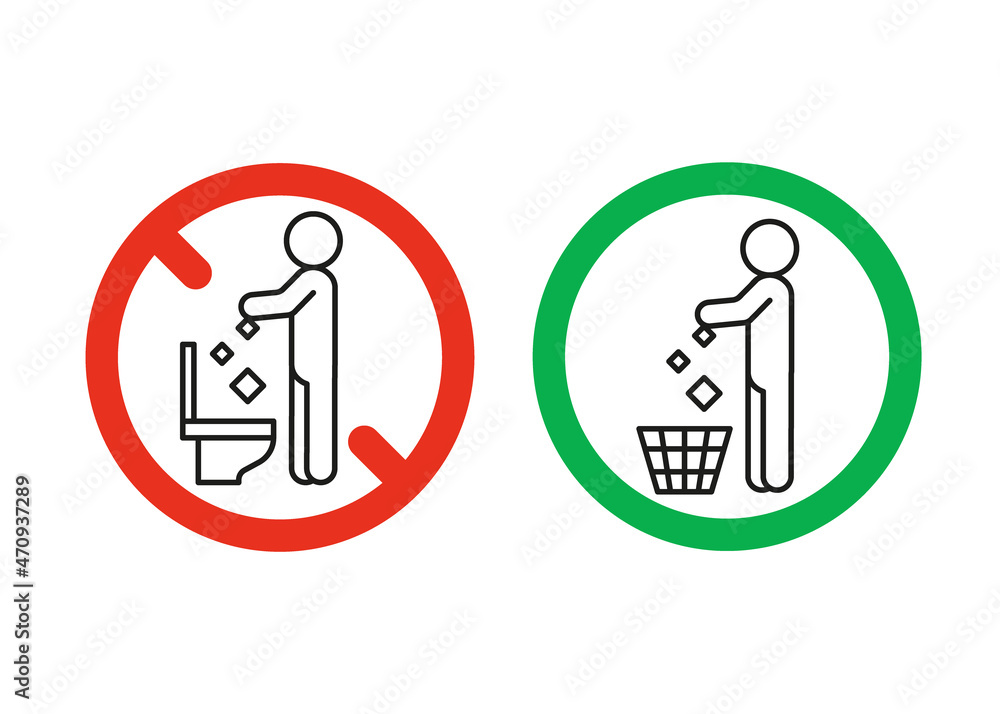 Rule take out trash in basket but not in toilet pan, prohibition warning sign. Do not throw garbage in toilet. Can throw rubbish into trash can. Problem of planet pollution, clean. Vector illustration Rule take out trash in basket but not in toilet pan, prohibition warning sign. Do not throw garbage in toilet. Can throw rubbish into trash can. Problem of planet pollution, clean. Vector illustration