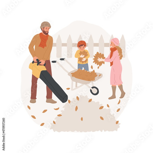 Removing fallen leaves isolated cartoon vector illustration. Man removing fallen leaves on the backyard with blower, kids collecting in a wheelbarrow, family doing garden work cartoon vector.