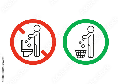 Rule take out trash in basket but not in toilet pan, prohibition warning sign. Do not throw garbage in toilet. Can throw rubbish into trash can. Problem of planet pollution, clean. Vector illustration