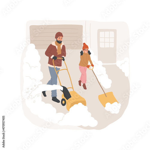 Driveway snow removal isolated cartoon vector illustration. Winter snow removal routine, father working with snowblower outdoor, family member cleaning driveway from snow cartoon vector.