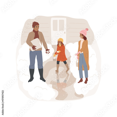 Ice melt salt isolated cartoon vector illustration. Family sprinkles walkway to the house with salt, pouring ice melting powder, seasonal outdoor work, winter backyard treatment cartoon vector.