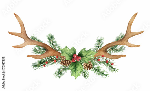 Watercolor Christmas card with horns and bouquet.
