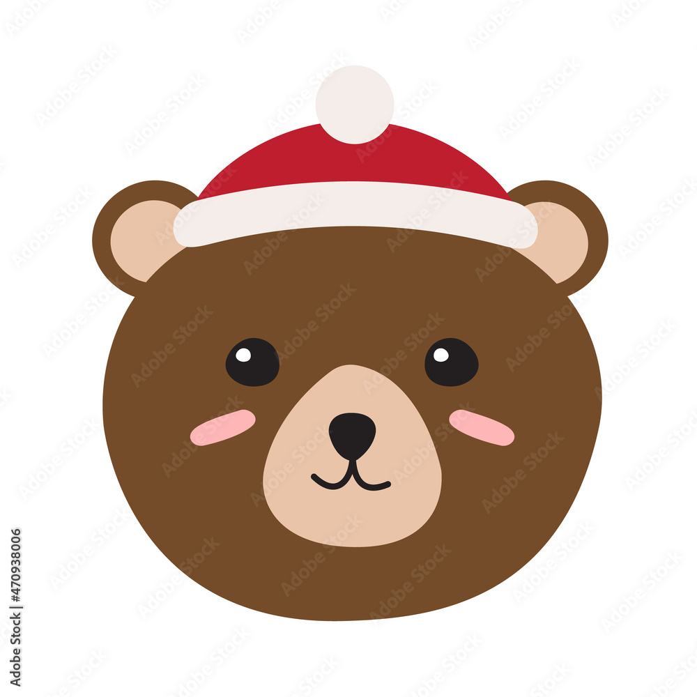 Vector flat hand drawn bear face in Christmas hat isolated on white background Vector flat hand drawn bear face in Christmas hat isolated on white background