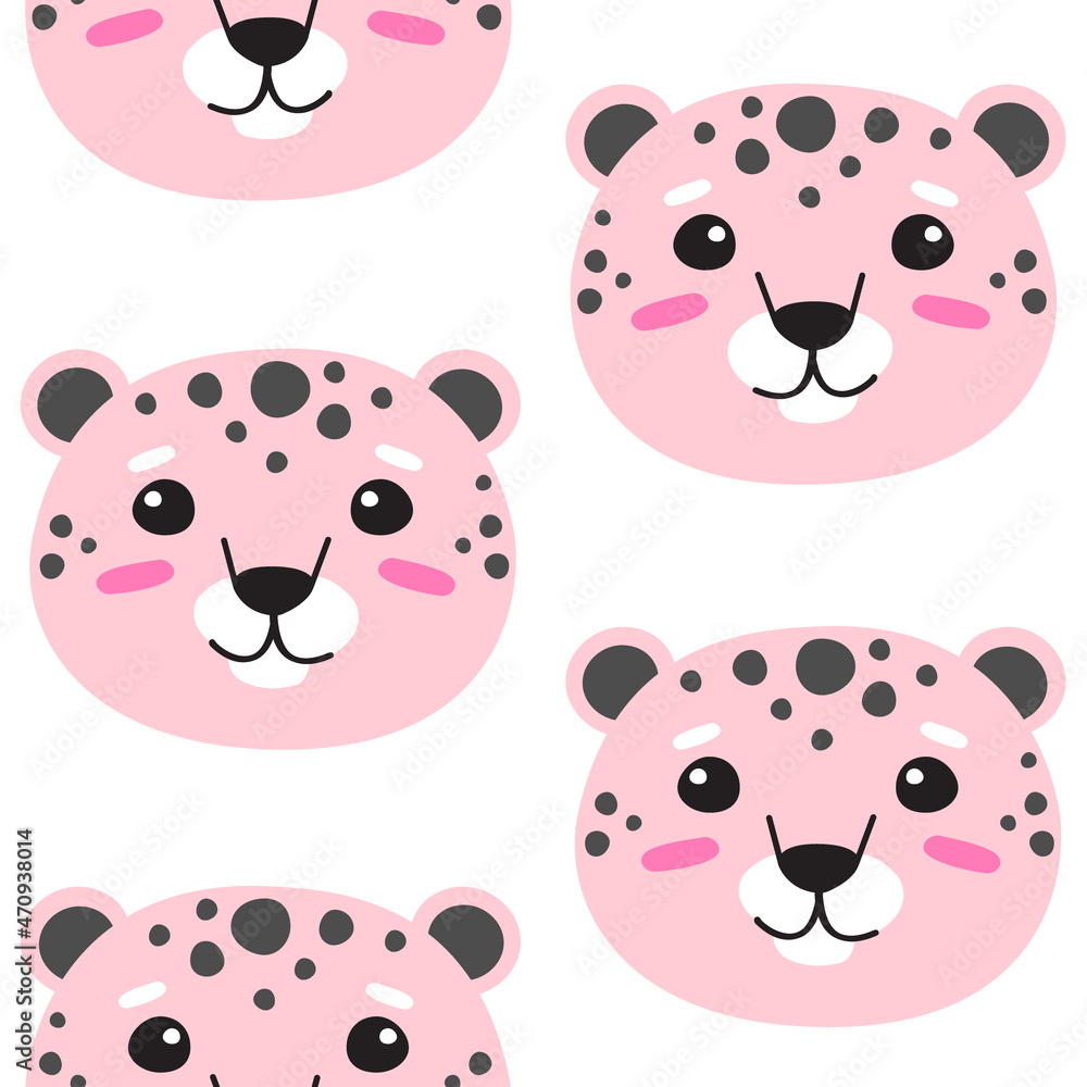 Obraz premium Vector seamless pattern of flat cartoon doodle pink leopard face head isolated on white background