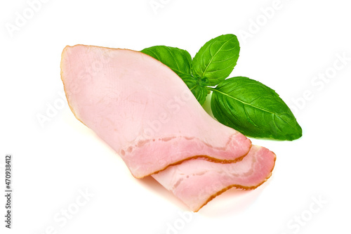 Smoked loin slices, isolated on white background.