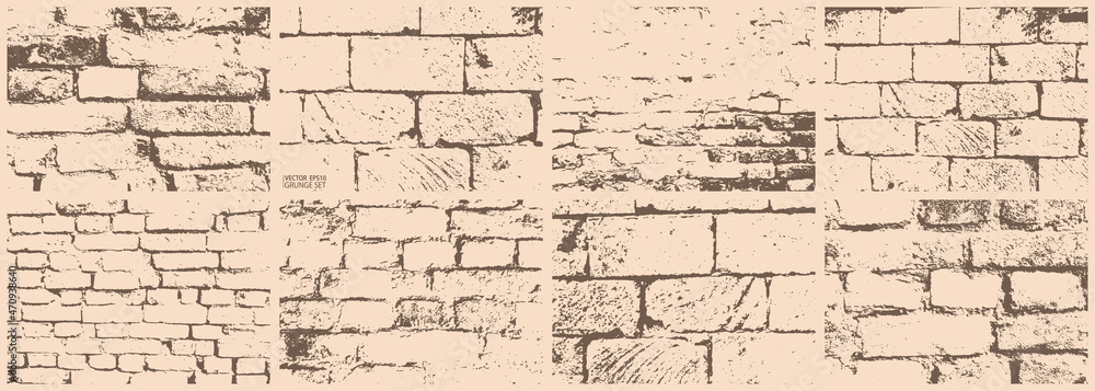 Brick wall texture grunge set. Architecture, construction, building backdrop. Bricks, cement, concrete. Stonewall grunge vector backgrounds. Rough grungy textures collection.