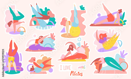 Funny young women doing pilates in various poses