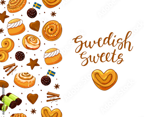 Traditional swedish sweets seamless border and calligraphy. Pepparkakor, cinnamon and choklad boll, delicious dessert. Vector cartoon illustration