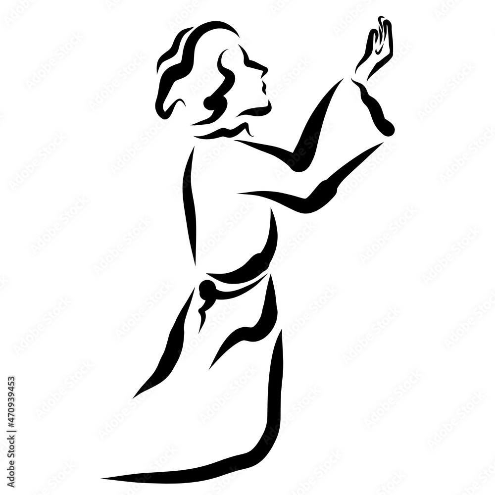 young man from biblical times praying to God on his knees with his hand outstretched to heaven, black outline
