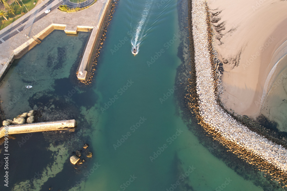 Panorama of Lagos marina, Algarve, Portugal, aerial drone wide view.