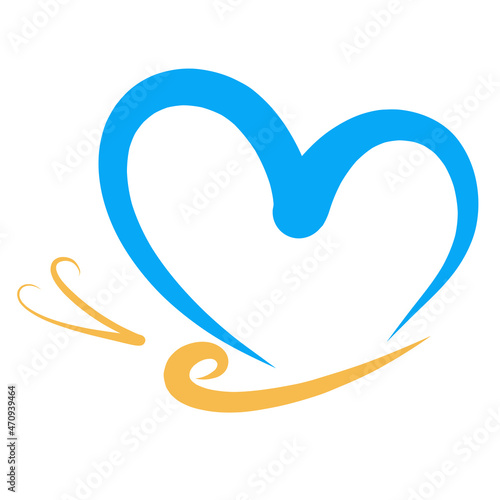 yellow butterfly with a blue wing in the shape of a heart, a symbol on a white background