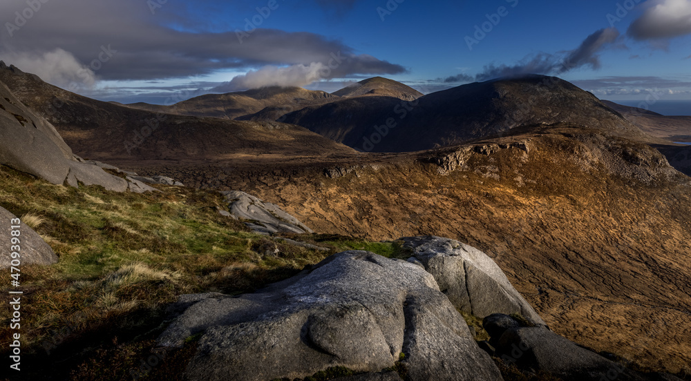 Fototapeta premium The Mourne mountains, area of outstanding natural beauty, in mid Autumn colours. County Down, Northern Ireland