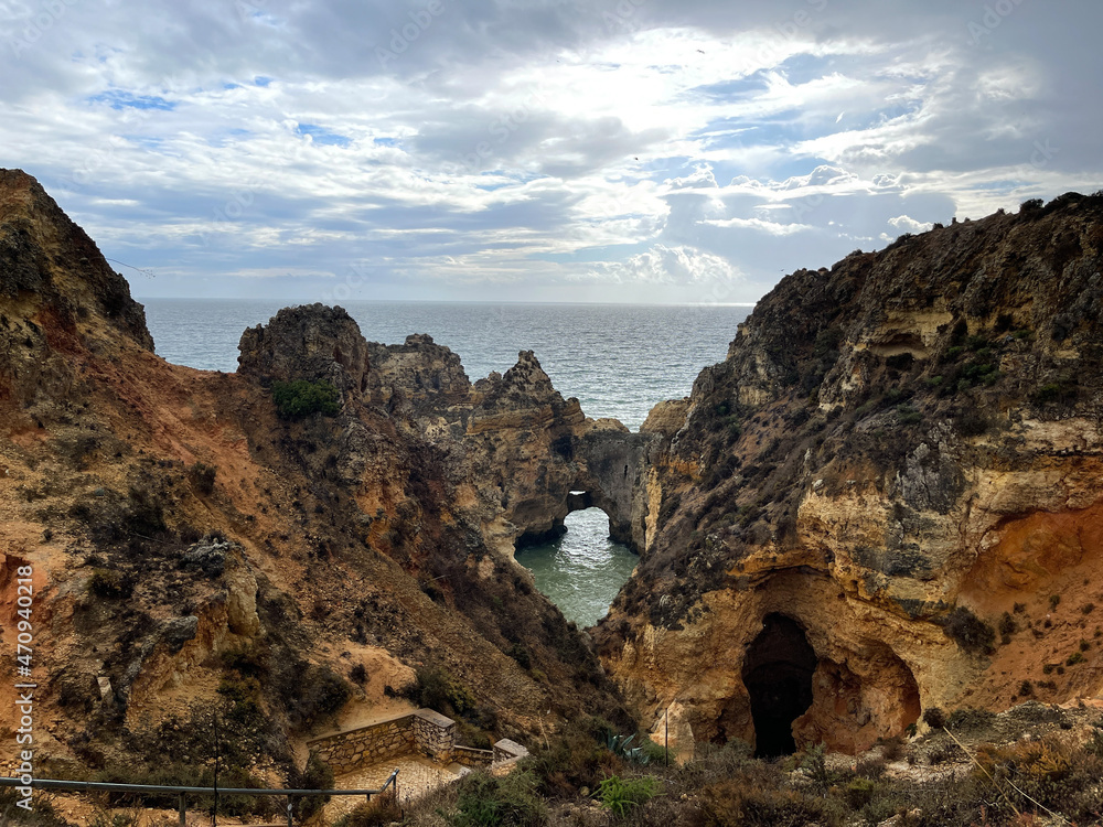 Beautiful bay near Lagos town, Algarve region, Portugal. Sandy beach. Portuguese landmark, popular travel destination.