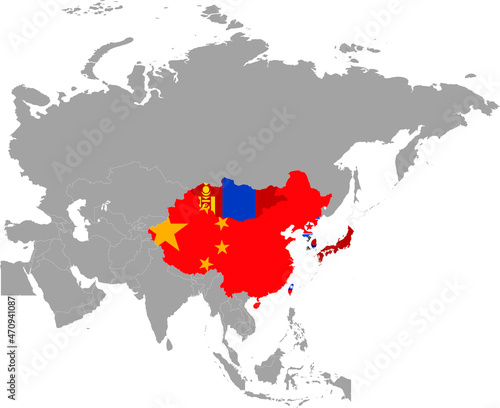 Map of countries of East region of Asia with national flag inside gray map of Asia