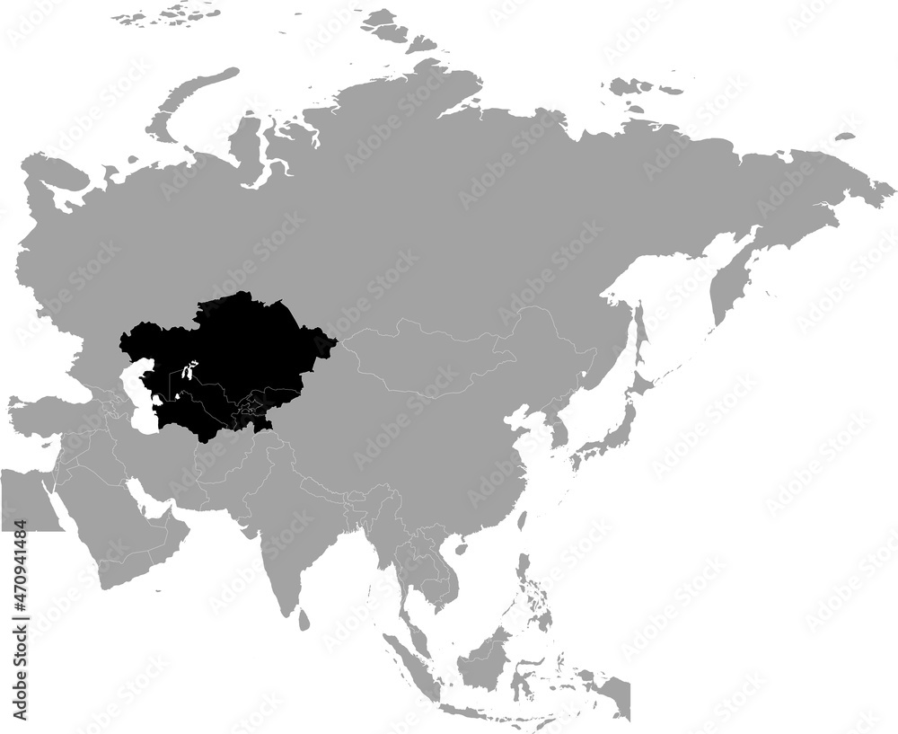 Black Map of Central region of Asia inside the gray map of Asia