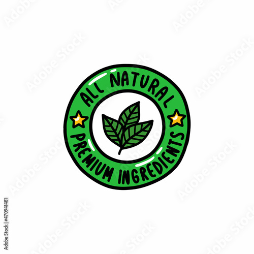 all natural premium ingredients label doodle icon, vector color line illustration