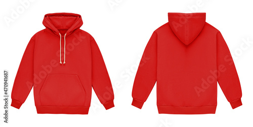 Template blank flat red hoodie. Hoodie sweatshirt with long sleeve flatlay mockup for design and print. Hoody front and back top view isolated on white background