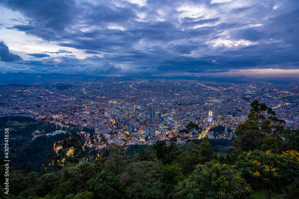 Bogota city Center at night from Monserrate hill, Colombia.