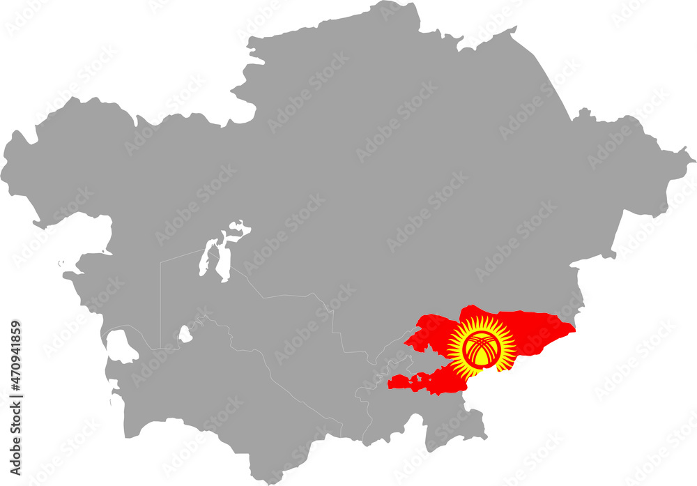 Map of Kyrgyzstan with national flag inside the gray map of Central region of Asia Map of Kyrgyzstan with national flag inside the gray map of Central region of Asia