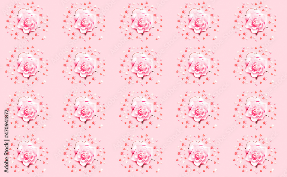 Festive pattern with alarm clock and roses flower on pink background. Wrapping paper design.