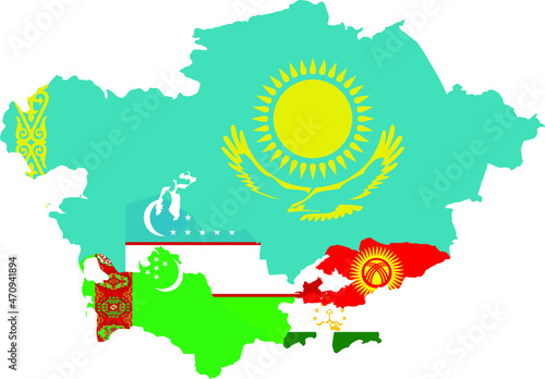 Map of countries of Central region of Asia with national flag