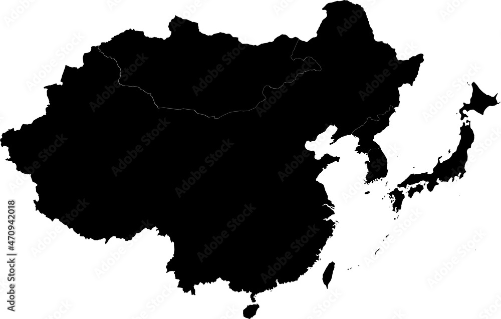 Black Map of countries of East region of Asia