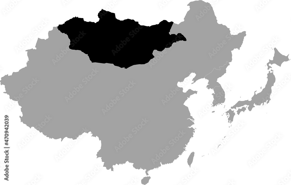 Black Map of Mongolia inside the gray map of East region of Asia