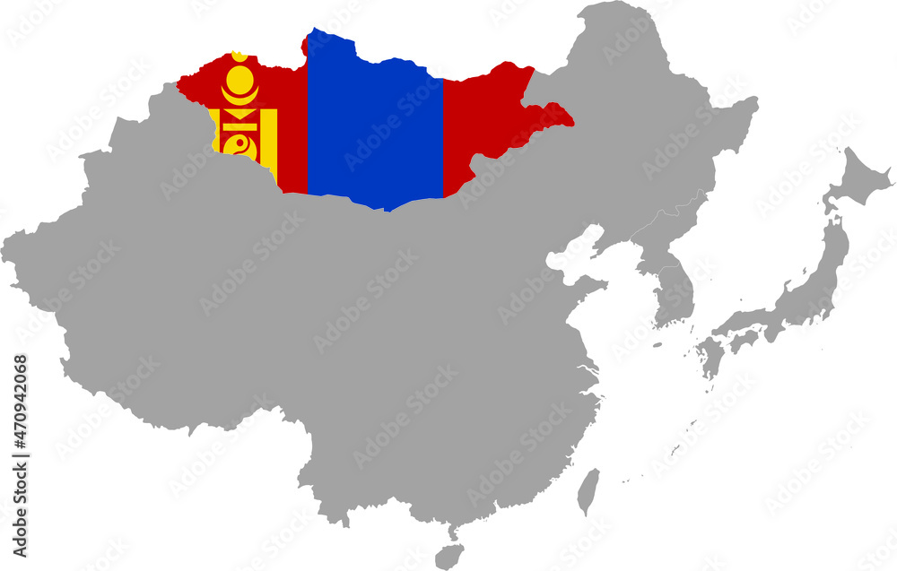 Map of Mongolia with national flag inside the gray map of East region of Asia Map of Mongolia with national flag inside the gray map of East region of Asia