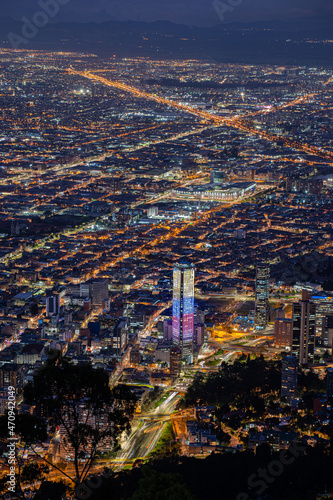 Bogota city Center at night from Monserrate hill, Colombia.