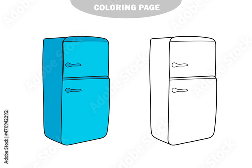 Simple coloring page. Coloring book pages for kids - Kitchen -Refrigerator. Vector Illustration. Color and black and white version